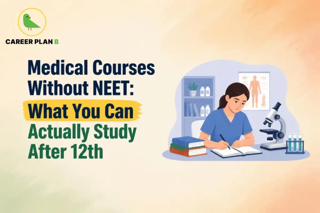 Student studying healthcare subjects with a microscope, books and lab equipment