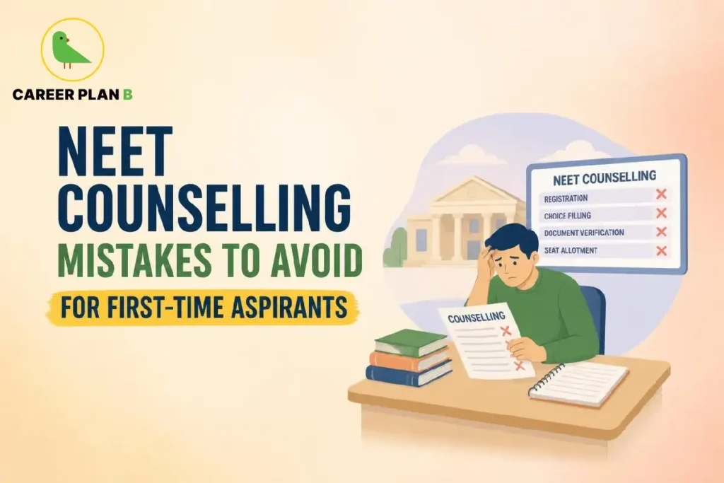 NEET counselling mistakes to avoid infographic showing a medical aspirant reviewing counselling documents and missed steps such as registration, choice filling, document verification and seat allotment.