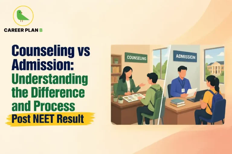 Counselling vs admission infographic explaining the difference between the counselling process and college admission steps after NEET results.