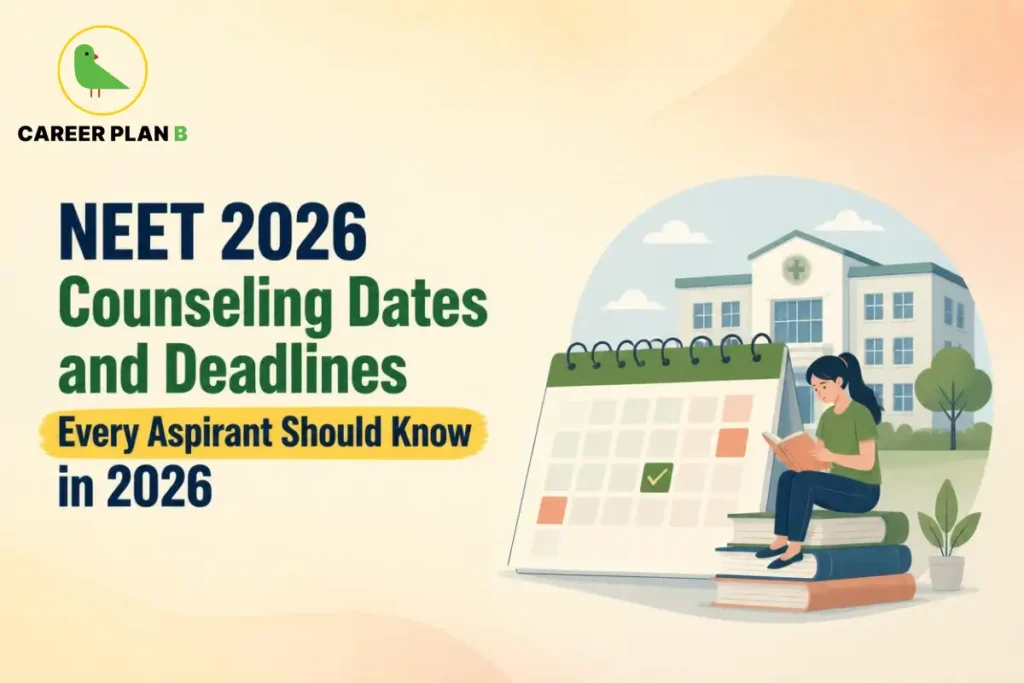 NEET 2026 counselling dates and deadlines infographic showing an aspirant studying beside a calendar, books and a medical college building.
