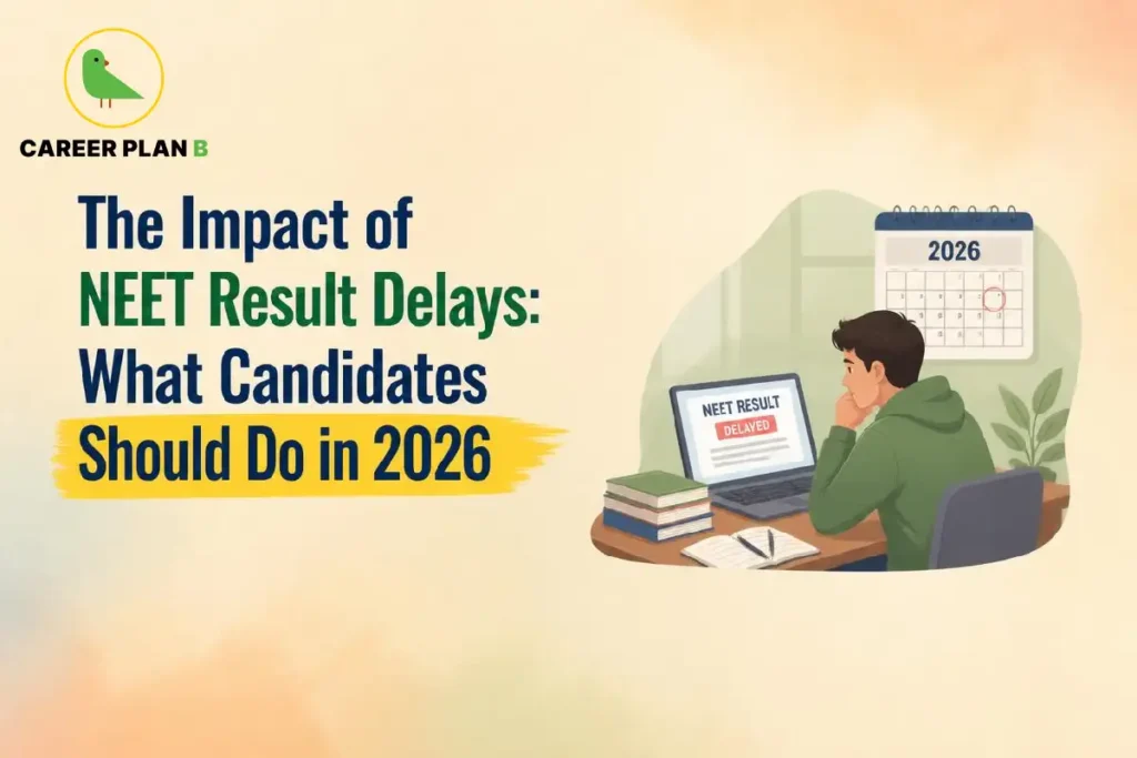 Impact of NEET result delays on medical aspirants in 2026, showing a student waiting for a delayed result beside a calendar and study materials.