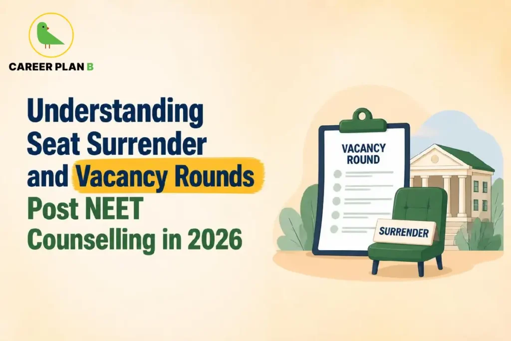 NEET counselling seat surrender and vacancy round process in 2026, showing a vacancy round checklist, surrender notice and medical college.