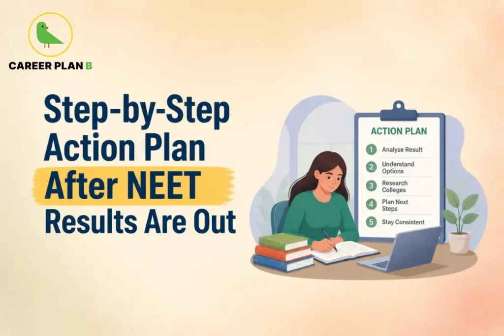 Medical aspirant creating a step-by-step action plan after NEET results, including analysing the result, researching colleges and planning the next steps.