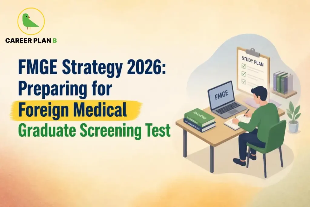 FMGE Strategy 2026 infographic showing a medical graduate preparing for the Foreign Medical Graduate Screening Test with a study plan, laptop and medical books.