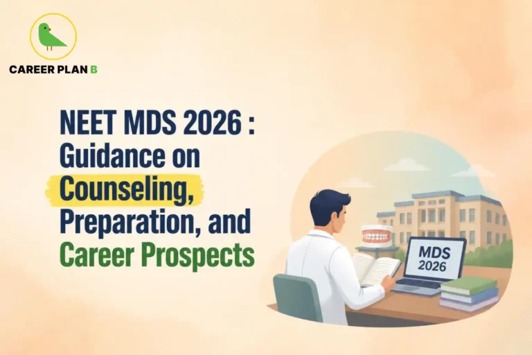NEET MDS 2026 counselling and preparation infographic showing a dental graduate studying for MDS admission with books, laptop and career planning resources.