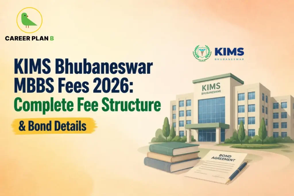 Educational infographic by Career Plan B titled "KIMS Bhubaneswar MBBS Fees 2026: Complete Fee Structure & Bond Details". Top-left features the Career Plan B logo with a green bird inside a solid gold circular emblem with text below, alongside the KIMS Bhubaneswar institutional logo and text at the top center. Right side illustrates the KIMS Bhubaneswar campus building in the background, with stacked books and a "BOND AGREEMENT" document with a pen in the foreground.