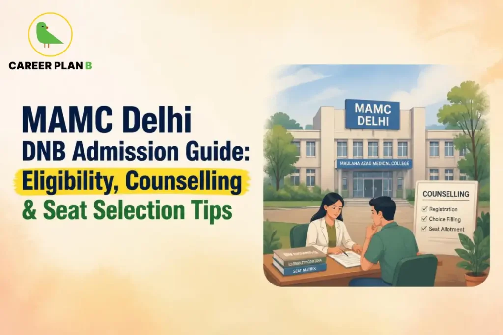 MAMC Delhi DNB admission guide showing eligibility, counselling process, seat selection, registration, choice filling and seat allotment