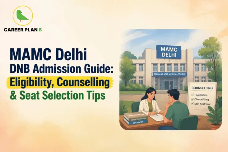 MAMC Delhi DNB admission guide showing eligibility, counselling process, seat selection, registration, choice filling and seat allotment