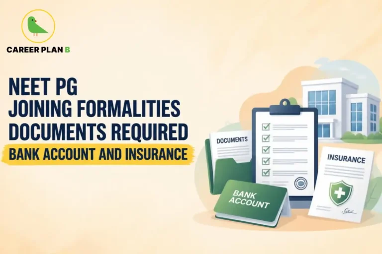 Educational infographic by Career Plan B titled "NEET PG JOINING FORMALITIES DOCUMENTS REQUIRED BANK ACCOUNT AND INSURANCE". Top-left features the Career Plan B logo with a green bird inside a solid gold circular emblem with text below. Right side illustrates an institution building in the background, with a clipboard of documents, a green folder, a book labeled "BANK ACCOUNT", and an "INSURANCE" form featuring a medical cross symbol in the foreground.
