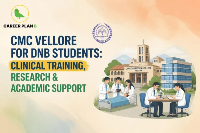 Educational infographic by Career Plan B titled "CMC VELLORE FOR DNB STUDENTS: CLINICAL TRAINING, RESEARCH & ACADEMIC SUPPORT". Top-left features the Career Plan B logo with a green bird inside a solid gold circular emblem with text below, alongside the Christian Medical College Vellore seal at the top center. Right side illustrates the CMC Vellore campus building in the background, with medical professionals interacting around a hospital bed and working at a desk with a microscope in the foreground.