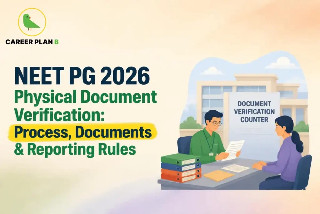 Educational infographic by Career Plan B titled "NEET PG 2026 Physical Document Verification: Process, Documents & Reporting Rules". Top-left features the Career Plan B logo with a green bird inside a solid gold circular emblem with text below. Right side illustrates a document verification counter set against a building backdrop, with an official reviewing documents with a candidate seated across the desk.