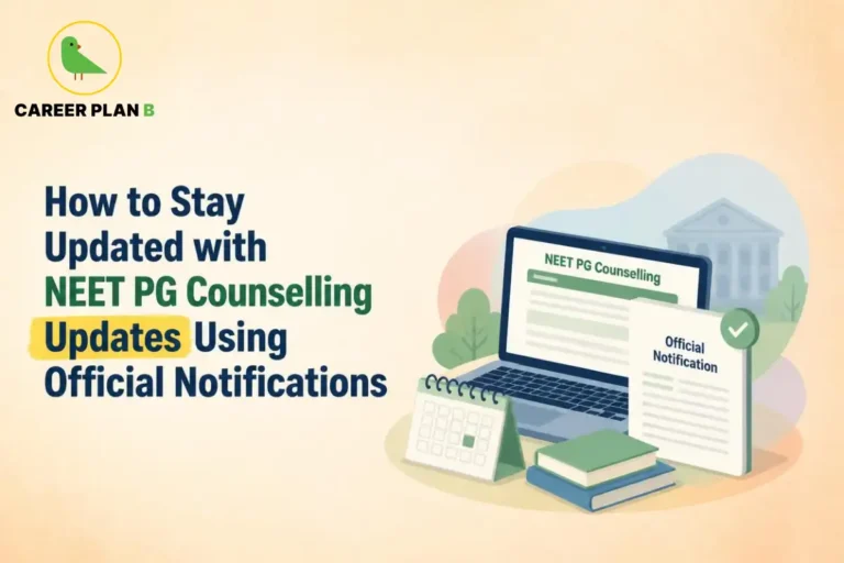 Educational infographic by Career Plan B titled "How to Stay Updated with NEET PG Counselling Updates Using Official Notifications". Top-left features the Career Plan B logo with a green bird inside a solid gold circular emblem with text below. Right side illustrates a laptop displaying "NEET PG Counselling" on screen, alongside a calendar, stacked books, and an "Official Notification" document with a checkmark badge in the foreground.