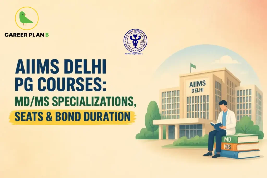 AIIMS Delhi PG courses guide covering MD/MS specializations, available seats, and bond duration for postgraduate medical aspirants.
