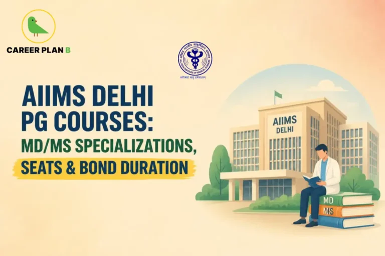 AIIMS Delhi PG courses guide covering MD/MS specializations, available seats, and bond duration for postgraduate medical aspirants.