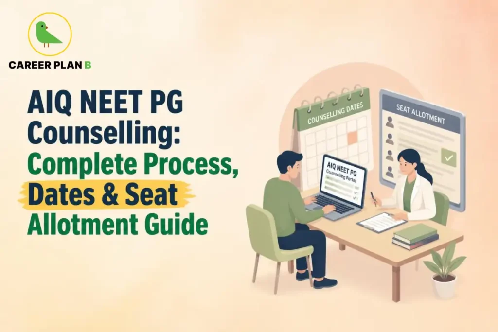 Educational infographic by Career Plan B titled "AIQ NEET PG Counselling: Complete Process, Dates & Seat Allotment Guide". Top-left features the Career Plan B logo with a green bird inside a solid gold circular emblem with text below. Right side illustrates a calendar marked "COUNSELLING DATES" in the background, with a candidate using a laptop displaying an "AIQ NEET PG Counselling Portal" alongside an official seated across a desk with a monitor displaying "SEAT ALLOTMENT" in the foreground.