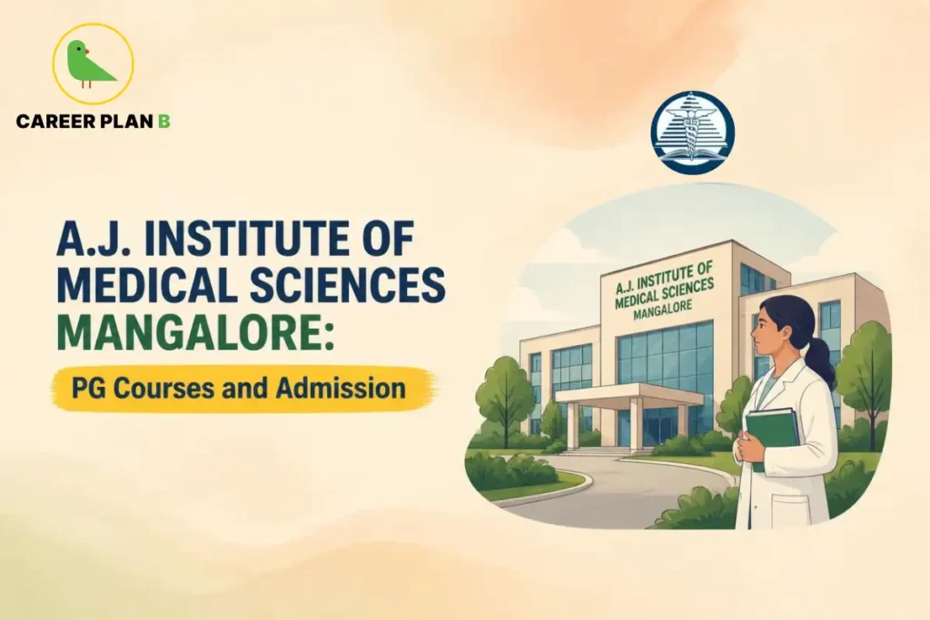 Educational infographic by Career Plan B titled "A.J. INSTITUTE OF MEDICAL SCIENCES MANGALORE: PG Courses and Admission". Top-left features the Career Plan B logo with a green bird inside a solid gold circular emblem with text below, alongside the institutional crest at the top center. Right side illustrates the A.J. Institute of Medical Sciences campus building in the background, with a female medical professional holding a folder in the foreground.