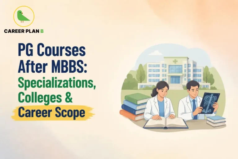 Educational infographic by Career Plan B titled "PG Courses After MBBS: Specializations, Colleges & Career Scope". Top-left features the Career Plan B logo with a green bird inside a solid gold circular emblem with text below. Right side illustrates a hospital building in the background, with two medical professionals reading an open book and examining an X-ray scan in the foreground.