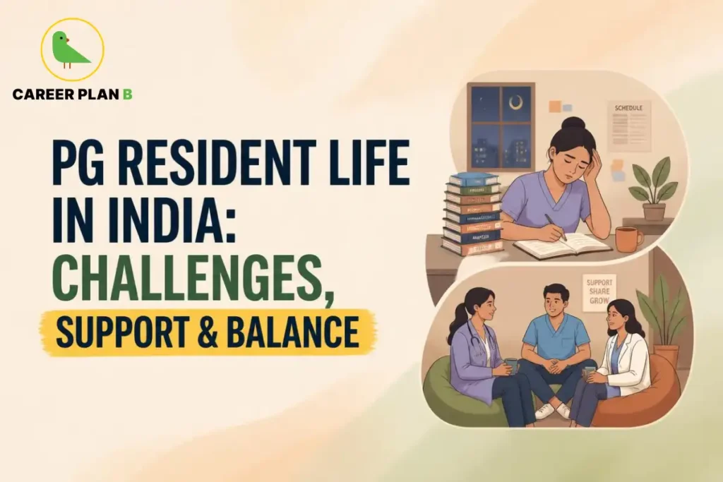 Educational infographic by Career Plan B titled "PG RESIDENT LIFE IN INDIA: CHALLENGES, SUPPORT & BALANCE". Top-left features the Career Plan B logo with a green bird inside a solid gold circular emblem with text below. Right side illustrates stacked vignettes: a tired resident studying at a desk with books late at night at the top, and three medical residents talking together in a lounge area at the bottom.