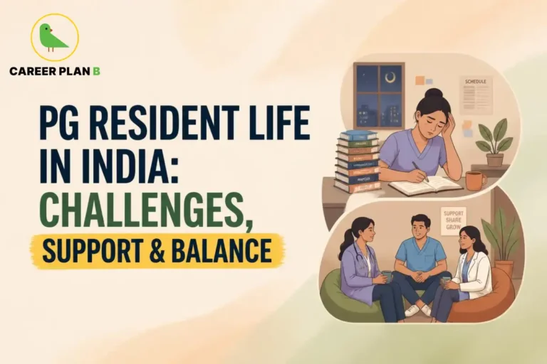 Educational infographic by Career Plan B titled "PG RESIDENT LIFE IN INDIA: CHALLENGES, SUPPORT & BALANCE". Top-left features the Career Plan B logo with a green bird inside a solid gold circular emblem with text below. Right side illustrates stacked vignettes: a tired resident studying at a desk with books late at night at the top, and three medical residents talking together in a lounge area at the bottom.