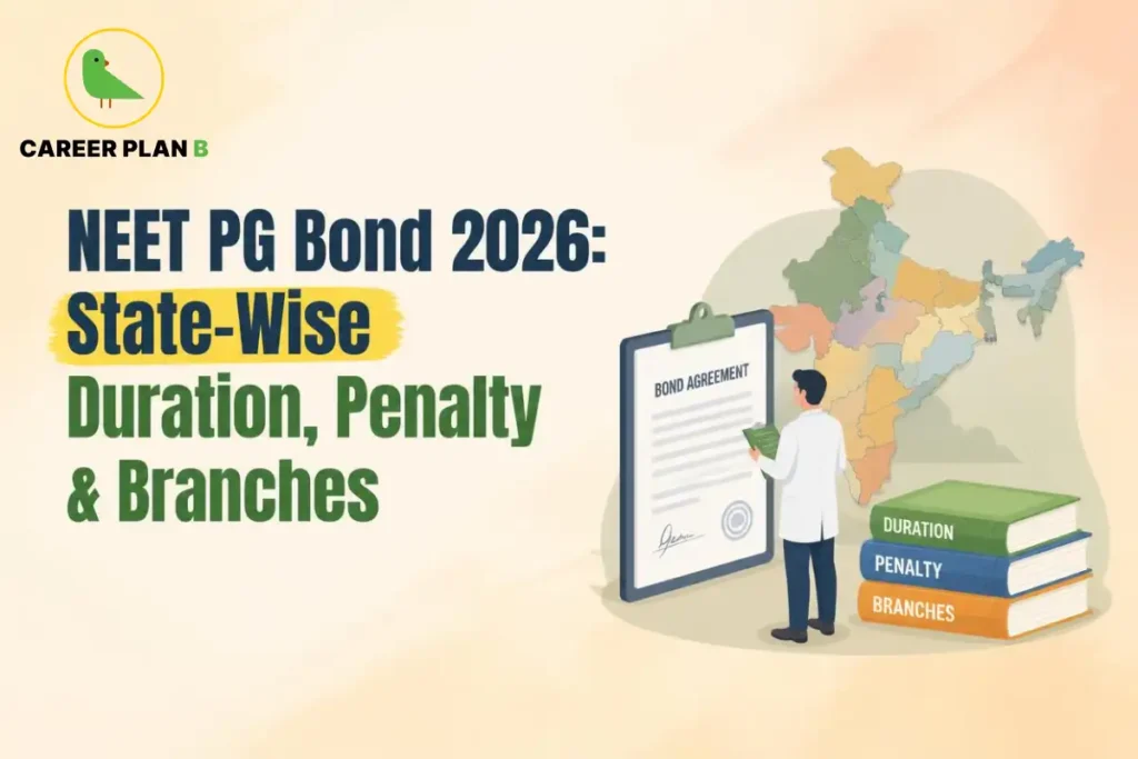 Educational infographic by Career Plan B titled "NEET PG Bond 2026: State-Wise Duration, Penalty & Branches". Top-left features the Career Plan B logo with a green bird inside a solid gold circular emblem with text below. Right side illustrates a medical professional examining a map of India and a "BOND AGREEMENT" clipboard, accompanied by a stack of books labeled "DURATION", "PENALTY", and "BRANCHES" in the foreground.