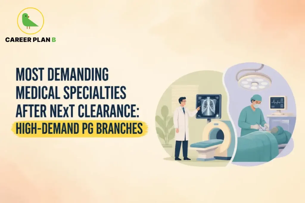 Educational infographic by Career Plan B titled "MOST DEMANDING MEDICAL SPECIALTIES AFTER NEXT CLEARANCE: HIGH-DEMAND PG BRANCHES". Top-left features the Career Plan B logo with a green bird inside a solid gold circular emblem with text below. Right side illustrates a medical professional pointing at an X-ray screen next to an MRI machine, alongside a surgical team performing an operation under surgical lights in an operating room.