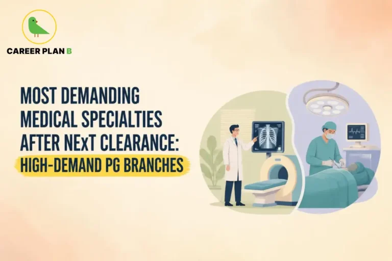 Educational infographic by Career Plan B titled "MOST DEMANDING MEDICAL SPECIALTIES AFTER NEXT CLEARANCE: HIGH-DEMAND PG BRANCHES". Top-left features the Career Plan B logo with a green bird inside a solid gold circular emblem with text below. Right side illustrates a medical professional pointing at an X-ray screen next to an MRI machine, alongside a surgical team performing an operation under surgical lights in an operating room.