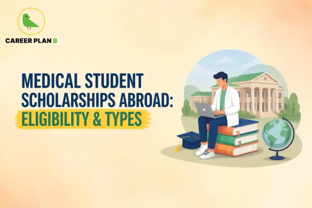 Educational infographic by Career Plan B titled "MEDICAL STUDENT SCHOLARSHIPS ABROAD: ELIGIBILITY & TYPES". Top-left features the Career Plan B logo with a green bird inside a solid gold circular emblem with text below. Right side illustrates a medical student sitting on stacked books while using a laptop, with a graduation cap, a globe on a stand, and a university building in the background.