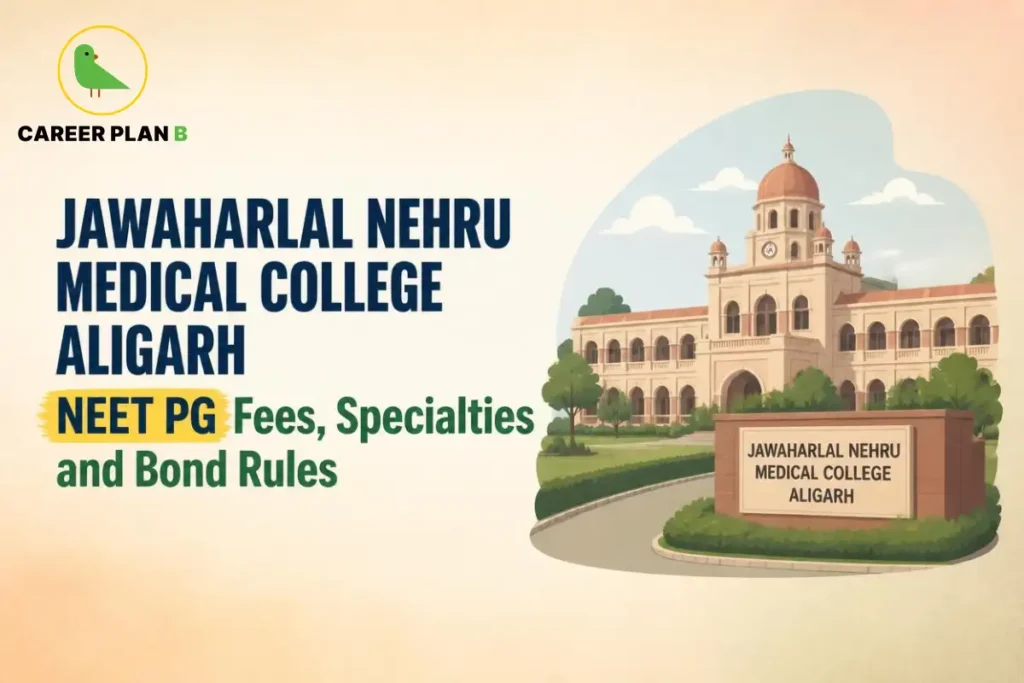 Jawaharlal Nehru Medical College Aligarh building with information about NEET PG fees, specialties, and bond rules.