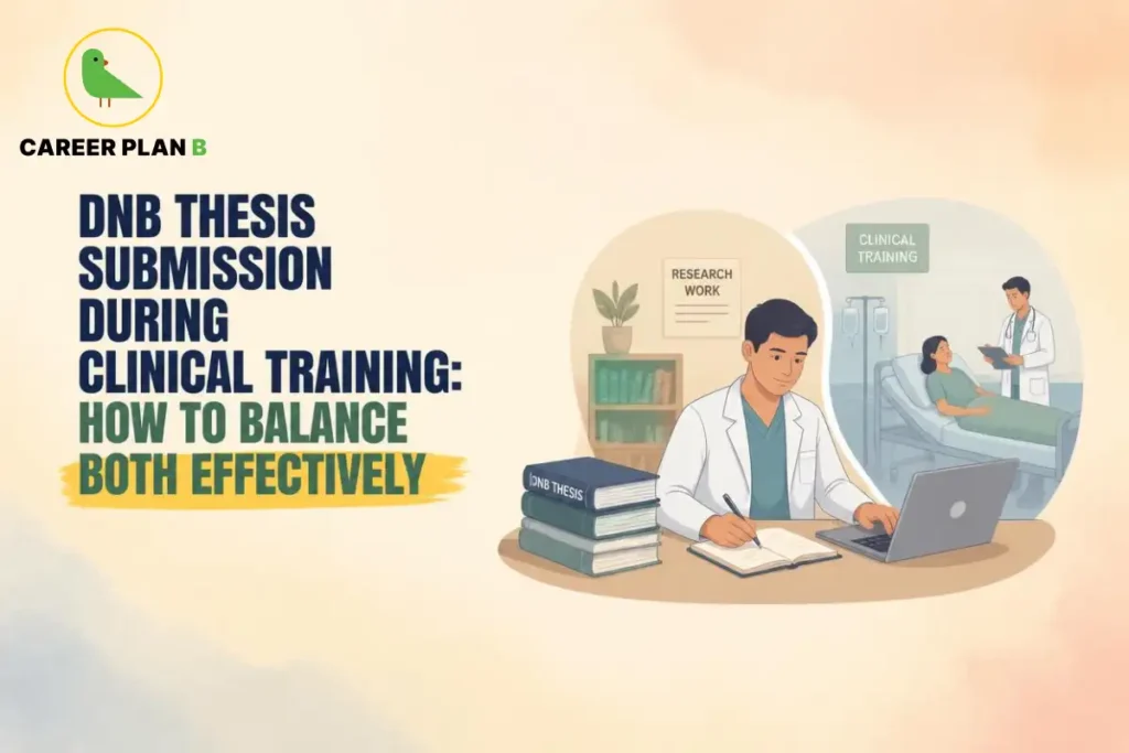 DNB thesis submission during clinical training, showing research work, clinical training, and thesis preparation.