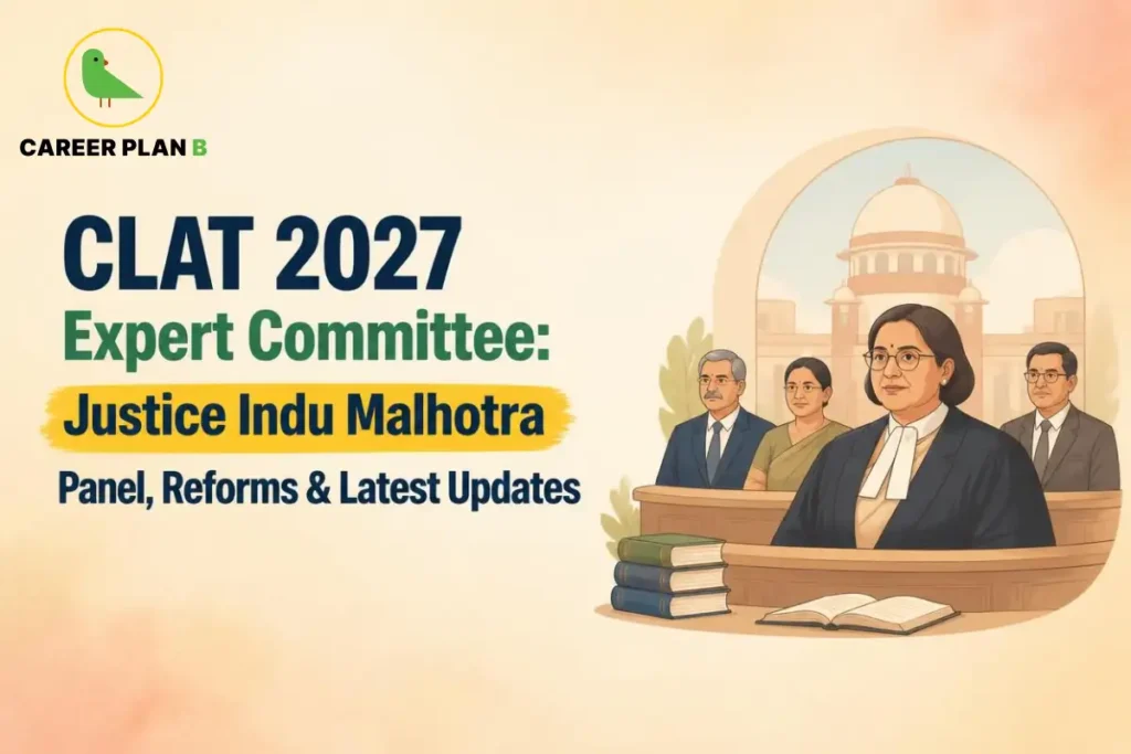 Educational infographic by Career Plan B titled "CLAT 2027 Expert Committee: Justice Indu Malhotra Panel, Reforms & Latest Updates". Top-left features the Career Plan B logo with a green bird inside a solid gold circular emblem with text below. Right side illustrates Justice Indu Malhotra in legal robes seated at a bench with other committee members behind her, stacked books and an open book in the foreground, and a courthouse building in the background.