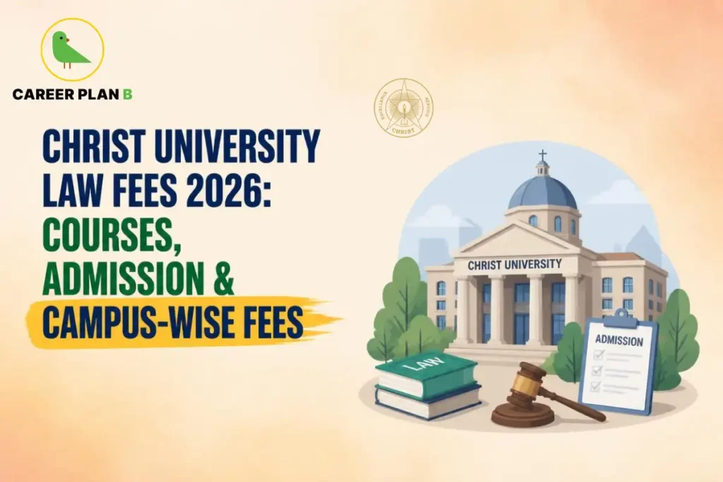 Educational infographic by Career Plan B titled "CHRIST UNIVERSITY LAW FEES 2026: COURSES, ADMISSION & CAMPUS-WISE FEES". Top-left features the Career Plan B logo with a green bird inside a solid gold circular emblem with text below, alongside the institutional seal at the top center. Right side illustrates the Christ University building, stacked books with the top book labeled "LAW", a gavel, and a clipboard labeled "ADMISSION" in the foreground.