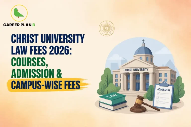 Educational infographic by Career Plan B titled "CHRIST UNIVERSITY LAW FEES 2026: COURSES, ADMISSION & CAMPUS-WISE FEES". Top-left features the Career Plan B logo with a green bird inside a solid gold circular emblem with text below, alongside the institutional seal at the top center. Right side illustrates the Christ University building, stacked books with the top book labeled "LAW", a gavel, and a clipboard labeled "ADMISSION" in the foreground.