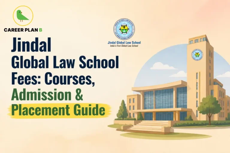 Educational infographic by Career Plan B titled "Jindal Global Law School Fees: Courses, Admission & Placement Guide". Top-left features the Career Plan B logo with a green bird inside a solid gold circular emblem with text below, alongside the Jindal Global Law School seal and text at the top center. Right side illustrates the modern Jindal Global Law School campus building featuring a tall tower.