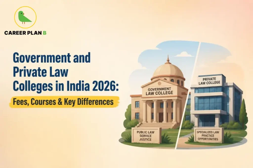 Educational infographic by Career Plan B titled "Government and Private Law Colleges in India 2026: Fees, Courses & Key Differences". Top-left features the Career Plan B logo with a green bird inside a solid gold circular emblem with text below. Right side illustrates a split-screen comparative graphic showing a "GOVERNMENT LAW COLLEGE" building on the left with a sign reading "PUBLIC LAW SERVICE JUSTICE", and a modern "PRIVATE LAW COLLEGE" building on the right with a sign reading "SPECIALIZED LAW PRACTICE OPPORTUNITIES".
