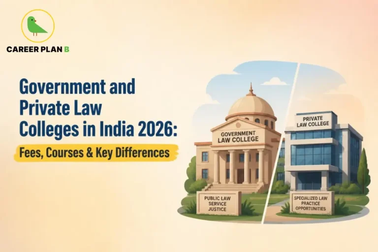 Educational infographic by Career Plan B titled "Government and Private Law Colleges in India 2026: Fees, Courses & Key Differences". Top-left features the Career Plan B logo with a green bird inside a solid gold circular emblem with text below. Right side illustrates a split-screen comparative graphic showing a "GOVERNMENT LAW COLLEGE" building on the left with a sign reading "PUBLIC LAW SERVICE JUSTICE", and a modern "PRIVATE LAW COLLEGE" building on the right with a sign reading "SPECIALIZED LAW PRACTICE OPPORTUNITIES".
