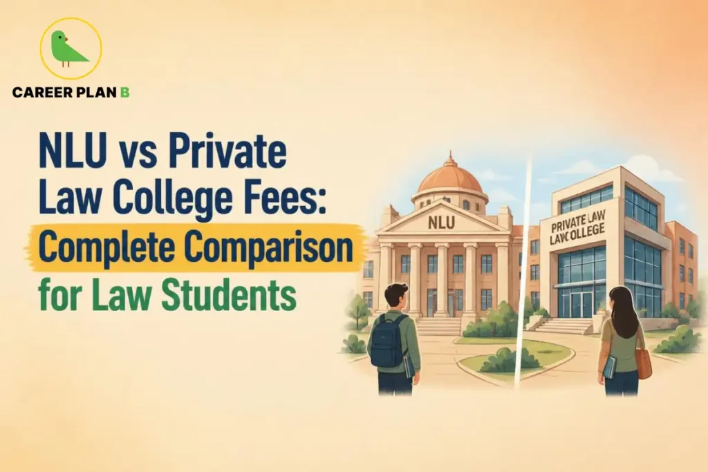 Educational infographic by Career Plan B titled "NLU vs Private Law College Fees: Complete Comparison for Law Students". Top-left features the Career Plan B logo with a green bird inside a solid gold circular emblem with text below. Right side illustrates a split-screen comparative graphic showing a student looking toward an "NLU" building on the left, and another student facing a "PRIVATE LAW COLLEGE" building on the right.