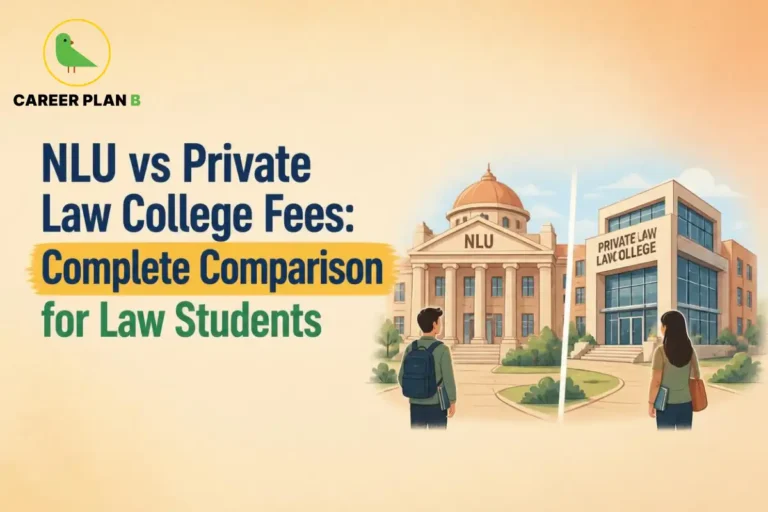 Educational infographic by Career Plan B titled "NLU vs Private Law College Fees: Complete Comparison for Law Students". Top-left features the Career Plan B logo with a green bird inside a solid gold circular emblem with text below. Right side illustrates a split-screen comparative graphic showing a student looking toward an "NLU" building on the left, and another student facing a "PRIVATE LAW COLLEGE" building on the right.