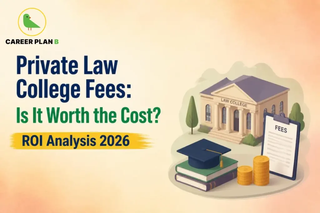 Educational infographic by Career Plan B titled "Private Law College Fees: Is It Worth the Cost? ROI Analysis 2026". Top-left features the Career Plan B logo with a green bird inside a solid gold circular emblem with text below. Right side illustrates a law college building in the background with stacked books topped by a graduation cap, stacks of coins, and a clipboard labeled "FEES" in the foreground.