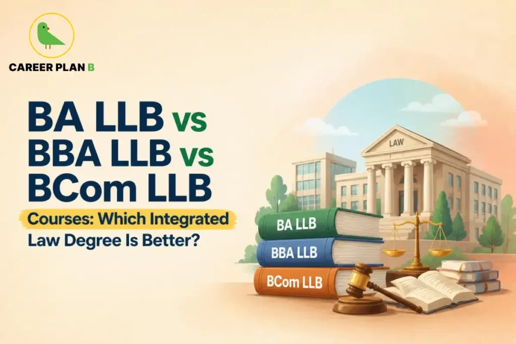 Educational infographic by Career Plan B titled "BA LLB vs BBA LLB vs BCom LLB Courses: Which Integrated Law Degree Is Better?". Top-left features the Career Plan B logo with a green bird inside a solid gold circular emblem with text below. Right side illustrates stacked books labeled "BA LLB", "BBA LLB", and "BCom LLB", alongside a gavel, scales of justice, an open book, and a law building in the background.