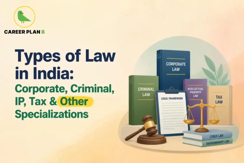 Educational infographic by Career Plan B titled "Types of Law in India: Corporate, Criminal, IP, Tax & Other Specializations". Top-left features the Career Plan B logo with a green bird inside a solid gold circular emblem with text below. Right side illustrates standing books labeled "CRIMINAL LAW", "CORPORATE LAW", "INTELLECTUAL PROPERTY LAW", and "TAX LAW", alongside a clipboard labeled "LEGAL FRAMEWORK", a gavel, a pair of scales of justice, and stacked books labeled "CYBER LAW" and "ENVIRONMENT LAW" in the foreground.