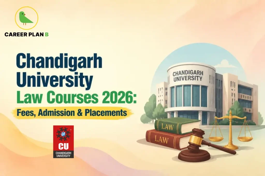 Educational infographic by Career Plan B titled "Chandigarh University Law Courses 2026: Fees, Admission & Placements". Top-left features the Career Plan B logo with a green bird inside a solid gold circular emblem with text below, alongside the Chandigarh University CU logo at the bottom left of the text block. Right side illustrates the Chandigarh University building in the background with stacked books labeled "LAW", a gavel, and a pair of scales of justice in the foreground.