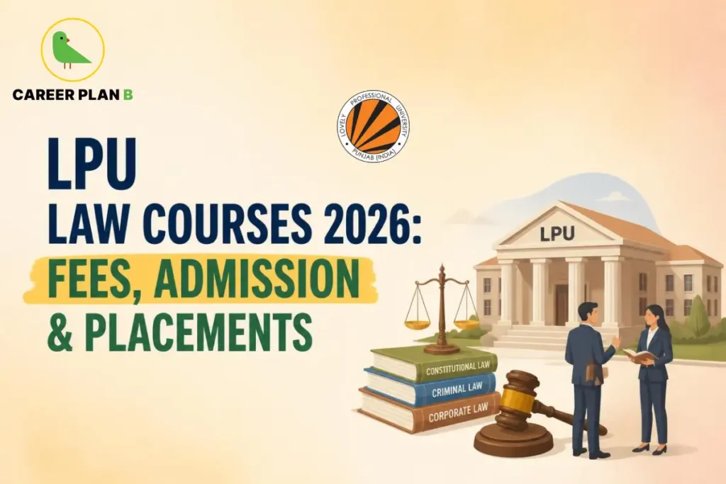 Educational infographic by Career Plan B titled "LPU LAW COURSES 2026: FEES, ADMISSION & PLACEMENTS". Top-left features the Career Plan B logo with a green bird inside a solid gold circular emblem with text below, alongside the LPU institutional seal at the top center. Right side illustrates the LPU campus building, stacked books labeled "CONSTITUTIONAL LAW", "CRIMINAL LAW", and "CORPORATE LAW", a gavel, a pair of scales of justice, and two professionals standing in the foreground.