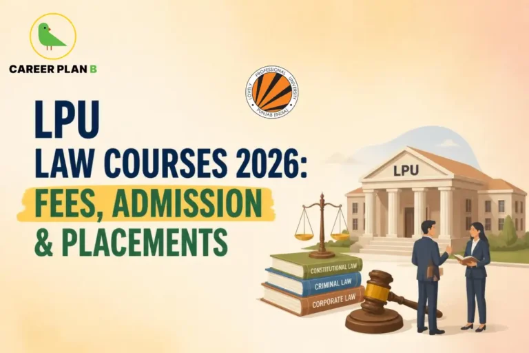 Educational infographic by Career Plan B titled "LPU LAW COURSES 2026: FEES, ADMISSION & PLACEMENTS". Top-left features the Career Plan B logo with a green bird inside a solid gold circular emblem with text below, alongside the LPU institutional seal at the top center. Right side illustrates the LPU campus building, stacked books labeled "CONSTITUTIONAL LAW", "CRIMINAL LAW", and "CORPORATE LAW", a gavel, a pair of scales of justice, and two professionals standing in the foreground.