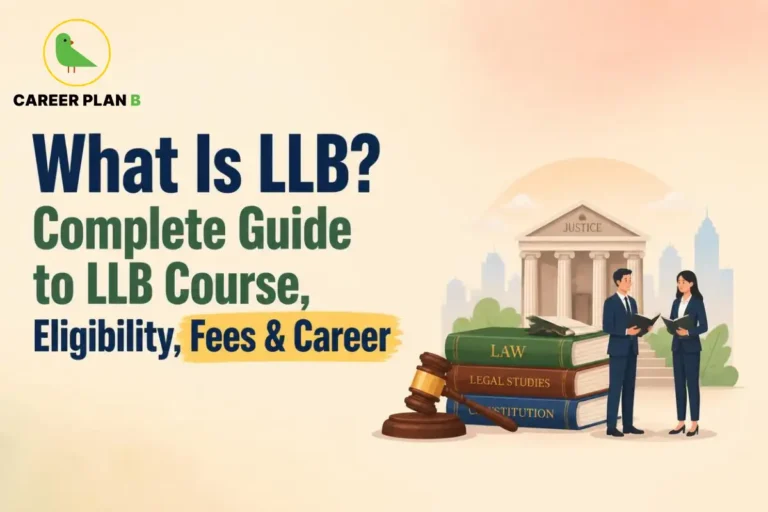 Educational infographic by Career Plan B titled "What Is LLB? Complete Guide to LLB Course, Eligibility, Fees & Career". Top-left features the Career Plan B logo with a green bird inside a solid gold circular emblem with text below. Right side illustrates stacked books labeled "LAW", "LEGAL STUDIES", and "CONSTITUTION", a gavel in the foreground, two professionals holding books, and a courthouse building labeled "JUSTICE" in the background.