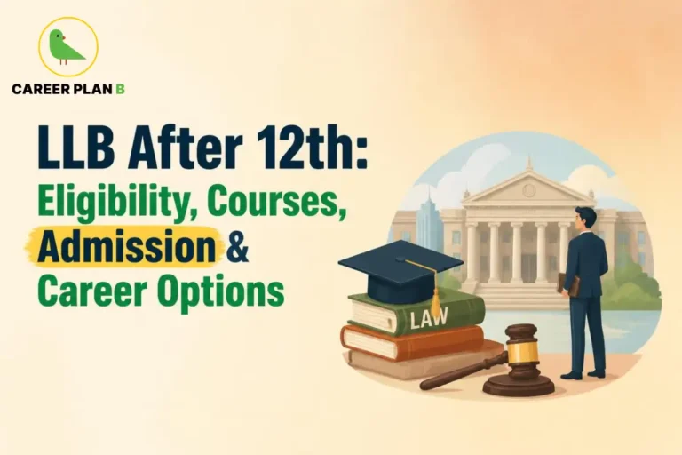 Educational infographic by Career Plan B titled "LLB After 12th: Eligibility, Courses, Admission & Career Options". Top-left features the Career Plan B logo with a green bird inside a solid gold circular emblem with text below. Right side illustrates stacked books topped with a graduation cap and labeled "LAW", a gavel, a professional standing and holding a book, and a courthouse building in the background.