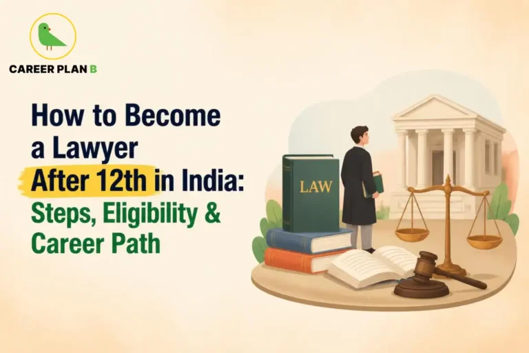 Educational infographic by Career Plan B titled "How to Become a Lawyer After 12th in India: Steps, Eligibility & Career Path". Top-left features the Career Plan B logo with a green bird inside a solid gold circular emblem with text below. Right side illustrates a standing book labeled "LAW", a legal professional holding a book, a pair of scales of justice, an open book, a gavel, and a courthouse building in the background.