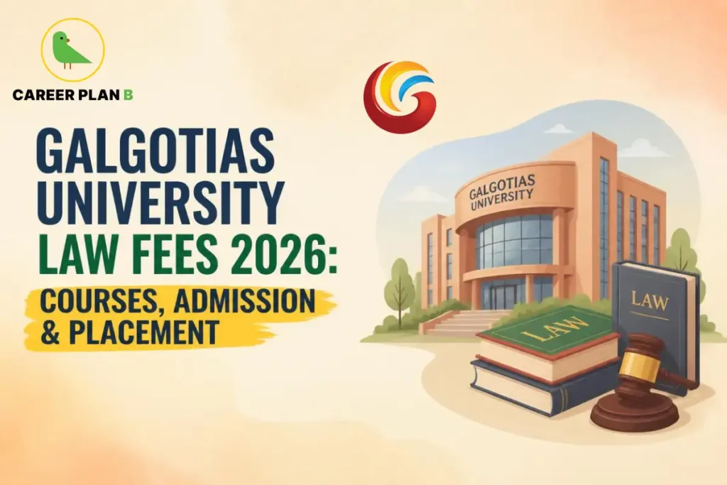 Educational infographic by Career Plan B titled "GALGOTIAS UNIVERSITY LAW FEES 2026: COURSES, ADMISSION & PLACEMENT". Top-left features the Career Plan B logo with a green bird inside a solid gold circular emblem with text below, alongside the Galgotias University logo at the top center. Right side illustrates the Galgotias University campus building, stacked books with the top book labeled "LAW", a standing book labeled "LAW", and a gavel in the foreground.