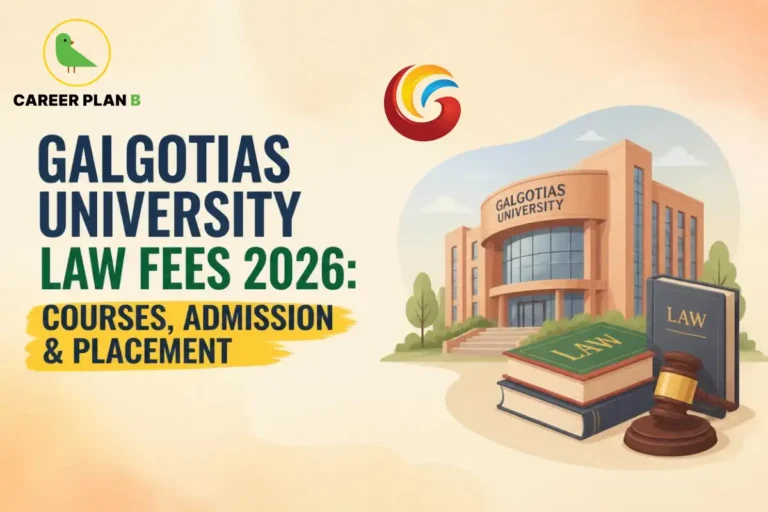 Educational infographic by Career Plan B titled "GALGOTIAS UNIVERSITY LAW FEES 2026: COURSES, ADMISSION & PLACEMENT". Top-left features the Career Plan B logo with a green bird inside a solid gold circular emblem with text below, alongside the Galgotias University logo at the top center. Right side illustrates the Galgotias University campus building, stacked books with the top book labeled "LAW", a standing book labeled "LAW", and a gavel in the foreground.