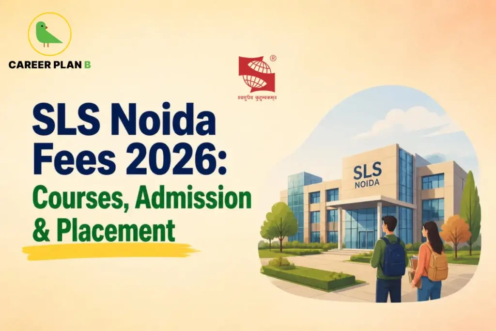 Educational infographic by Career Plan B titled "SLS Noida Fees 2026: Courses, Admission & Placement". Top-left features the Career Plan B logo with a green bird inside a solid gold circular emblem with text below, alongside the Symbiosis institutional logo and text at the top center. Right side illustrates the SLS Noida campus building with two students standing in the foreground.