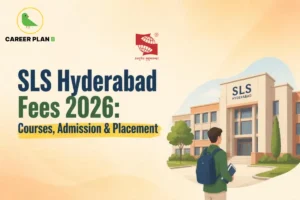 Educational infographic by Career Plan B titled "SLS Hyderabad Fees 2026: Courses, Admission & Placement". Top-left features the Career Plan B logo with a green bird inside a solid gold circular emblem with text below, alongside the Symbiosis institutional logo and text at the top center. Right side illustrates the SLS Hyderabad campus building with a student carrying a backpack and a book facing the entrance in the foreground.
